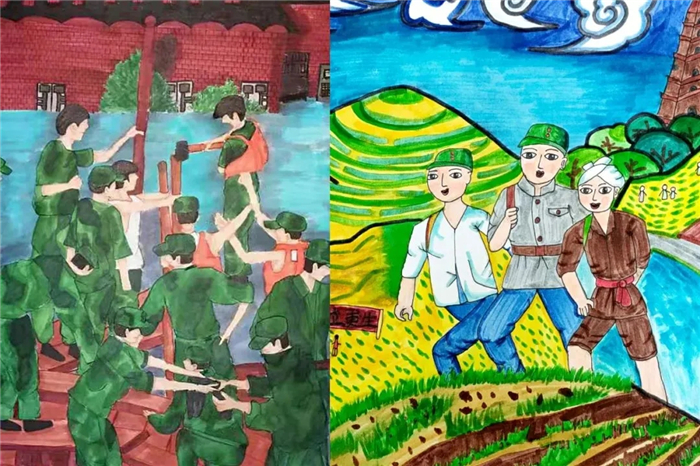 画了解先辈英雄人物的革命故事,红军长征,四渡赤水桥,地道战等场景
